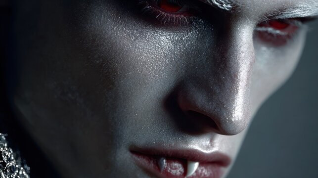Close-up of a vampire with red eyes and prominent fangs, looking menacingly at the viewer