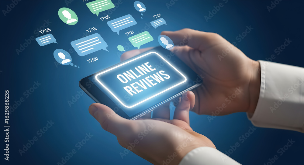 Aufkleber hands holding illuminated smartphone displaying online reviews with pixelated chat bubbles on gradie