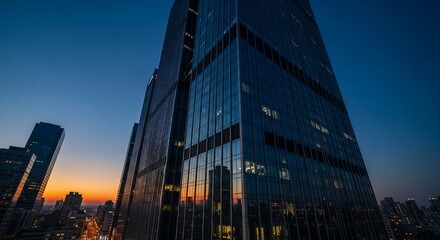Modern glass skyscraper reflecting sunset over city skyline at dusk