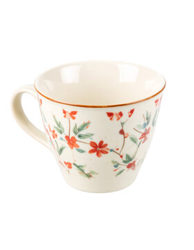 Floral ceramic teacup with red flowers and green leaves, vintage style teacup for tea time, coffee break on transparent background