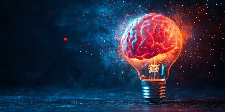 Exploding lightbulb in neon watercolor style, exposing a glowing human brain inside, vibrant energy bursts, isolated background, concept of brilliant ideas and innovation