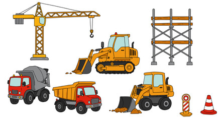 Construction site machinery illustration: crane, excavator, trucks, and scaffolding elements
