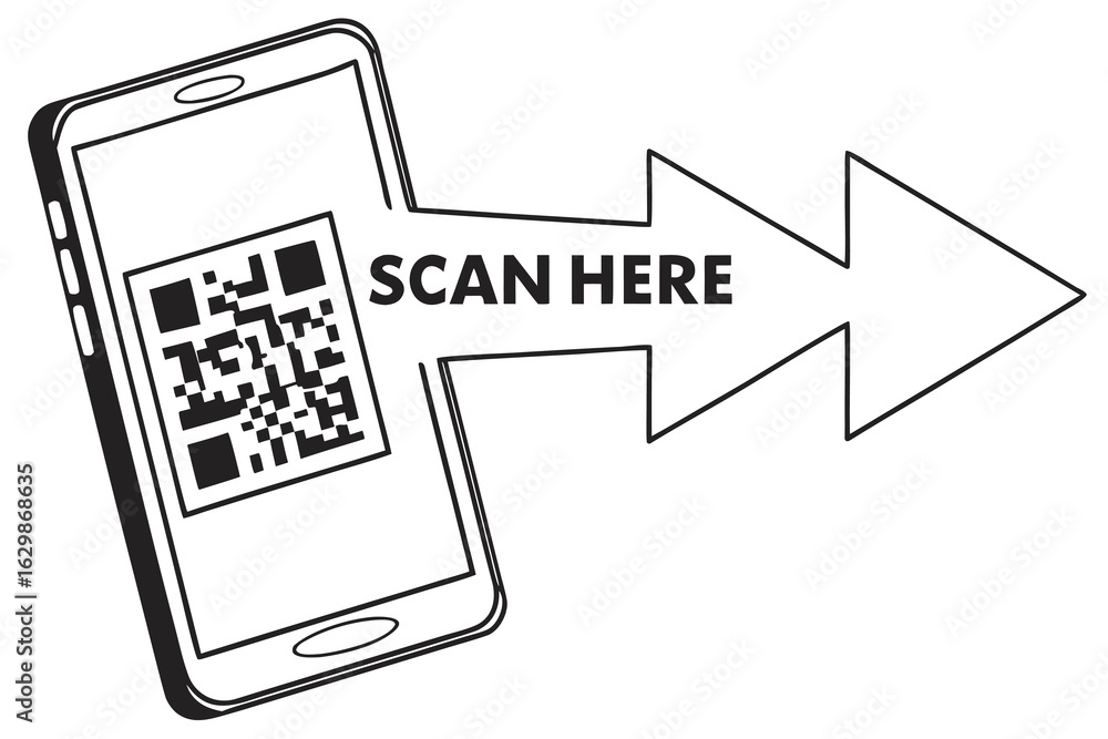 Poster illustration of a smartphone with a qr code and scan here arrow isolated on white background
