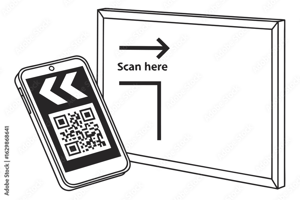 Poster vector art of smartphone scanning a qr code with scan here instruction isolated on white background