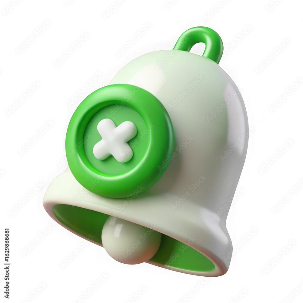 Poster 3d illustration of a charming green and white notification bell with a cross mark, rendered as a 3d 