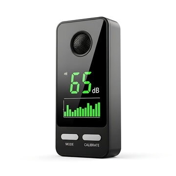 A black sound level meter displaying decibel readings and a green sound wave graph.