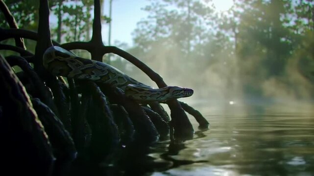 A photorealistic Burmese python coiled in a mangrove swamp at dawn, mist over water