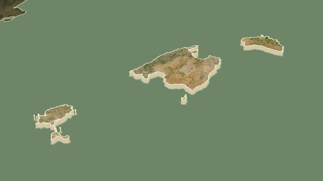 Islas Baleares region, Spain, extruded. Map animation