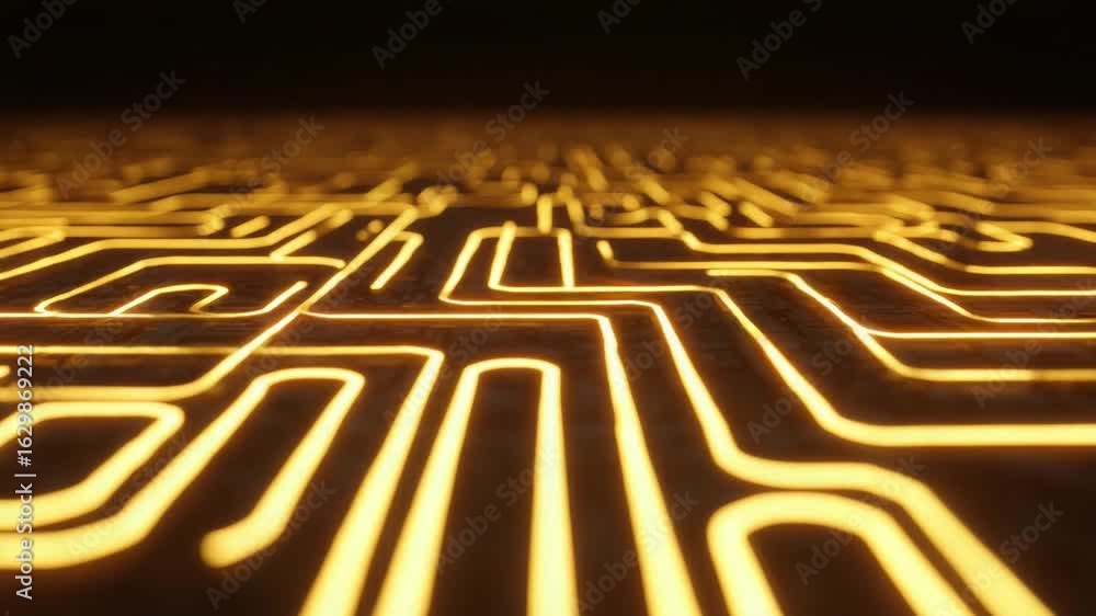 Poster glowing golden pathways form an abstract digital circuit network on a dark background