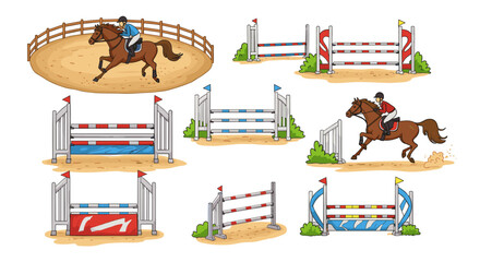 Equestrian set depicting horse jumping over colorful obstacles on a course.