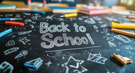 Back to School Chalk Drawing on Green Blackboard: Hand-drawn Text with Playful Icons for Educational Posters, Flyers, Digital Presentations, and Seasonal Campaigns in Minimalist Style