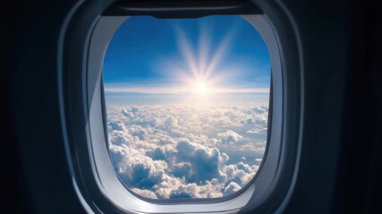 Stunning aerial view from an aircraft cabin window showing white clouds and a brilliant sun in a clear sky - Powered by Adobe