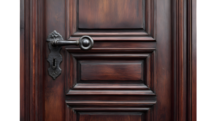 Closed dark wooden door with vintage handle, isolated on white
