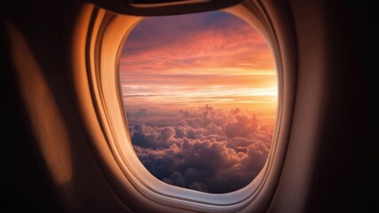 Vivid orange and red sunset seen through an airplane window highlighting a vast cloudy sky
