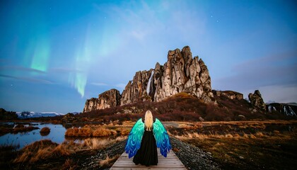 Woman with Teal Wings at Icelandic Waterfall under Aurora Borealis