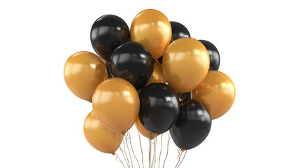Cluster of gold and black festival balloons, isolated on white