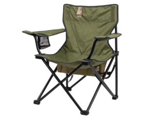 Olive folding camping chair with cup holder, portable outdoor seat for travel, picnic on transparent background