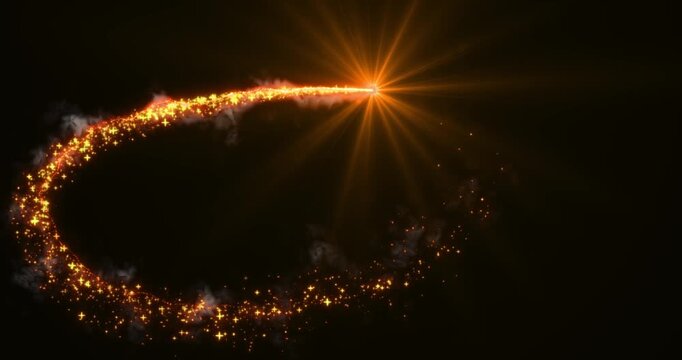 The flight path of a bright firework flying across the night sky, leaving behind a long trail of sparkling lights and smoke. Abstract comet.