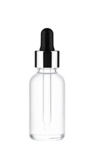 Clear glass dropper bottle with silver collar and black bulb for essential oils, serums, or cosmetic products on transparent background
