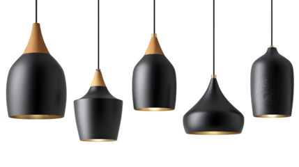 Collection of modern black ceiling pendant lamps, isolated on white