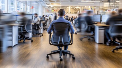 Busy office scene. Person sits alone, surrounded by blurred colleagues