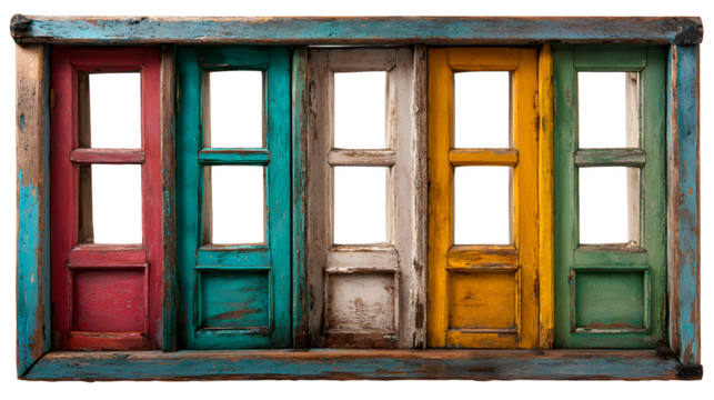 Colorful old window frame with rustic finish, isolated on white