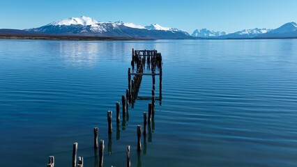 Famous Pier In Puerto Natales Magallanes Chile. Aerial View Of A River Surrounded By Lush Green...