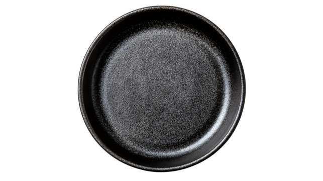 Top view of black ceramic dinner plate, isolated on white