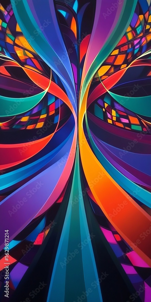 Poster dynamic interplay of bright geometric lines creating a tapestry of swirling shapes and patterns