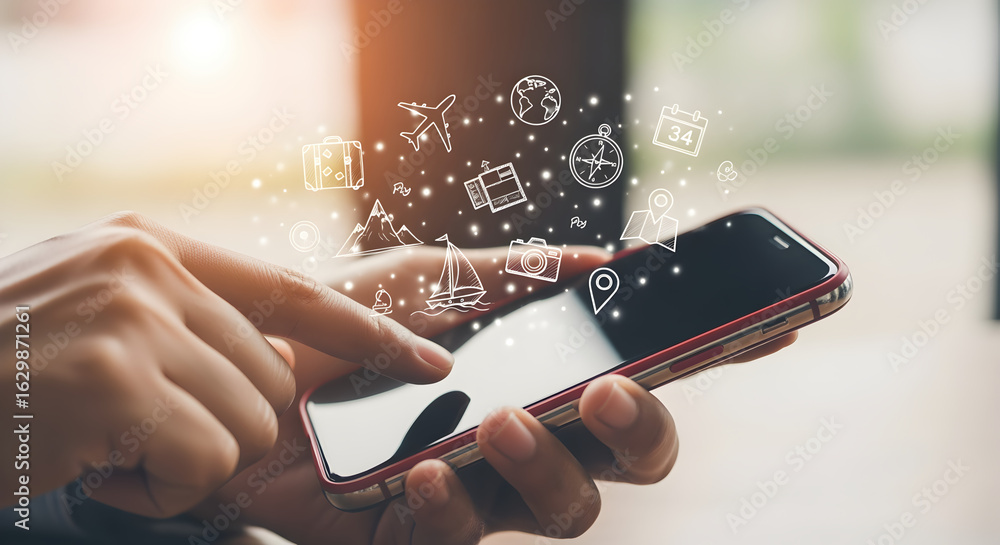 Poster hands using smartphone with digital icons on bright blurred background for modern communication and 