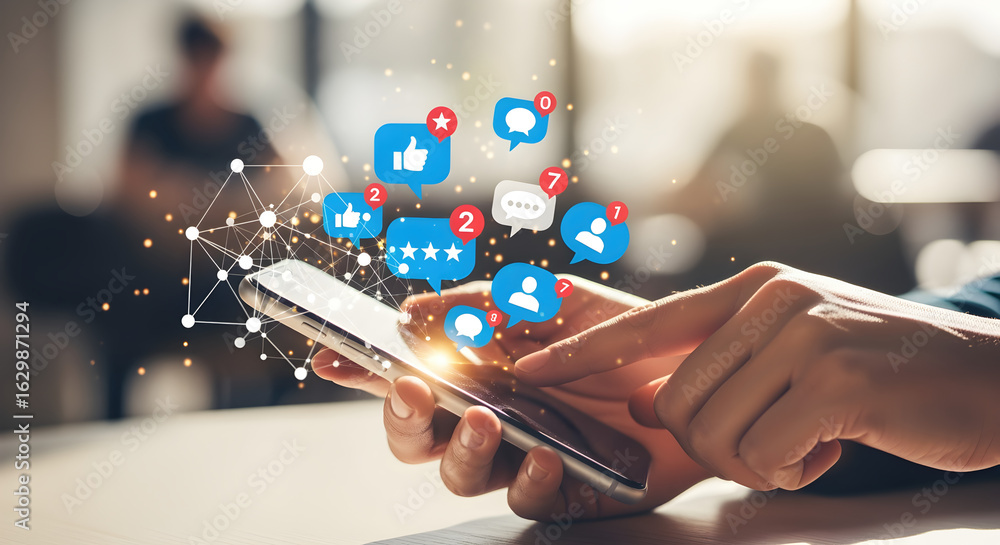 Poster hands using smartphone with social media notifications on wooden desk in a blurred office setting wi