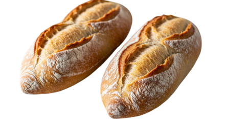 Two crusty mini baguettes on white surface	
