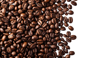 Naklejka premium Top view of roasted coffee beans scattered on white background