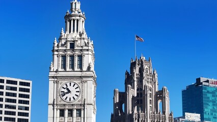 Tribune Tower In Chicago Illinois United States. Futuristic Skyscraper Is Towering Over The Downtown City. Town Sky Backgrounds Urban. Outside Backgrounds Up Above. Chicago Illinois.