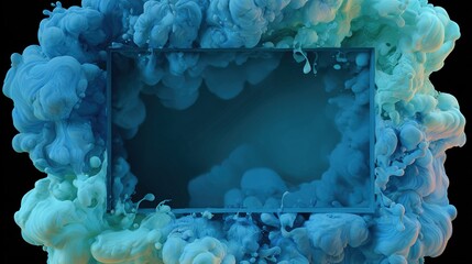 A dark rectangular frame is centered within a swirling, vibrant cloud of teal, blue, and mint green ink, set against a black background.  The ink creates a e