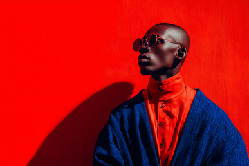 Obraz premium Stylish young man in a vibrant red jacket standing against a bold blue and red wall under dramatic sunlight. The high-contrast lighting and saturated colors create a striking urban fashion portrait wi
