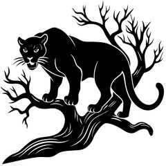 Obraz premium Black panther standing on a branch of a tree in silhouette style