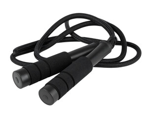 Black skipping rope with foam handles for fitness, cardio, and endurance training on transparent...