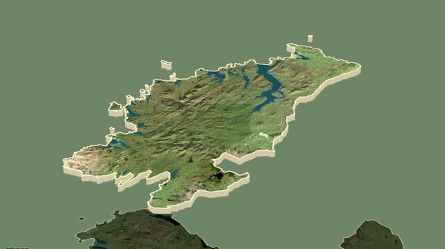 Donegal region, Ireland, extruded. Map animation