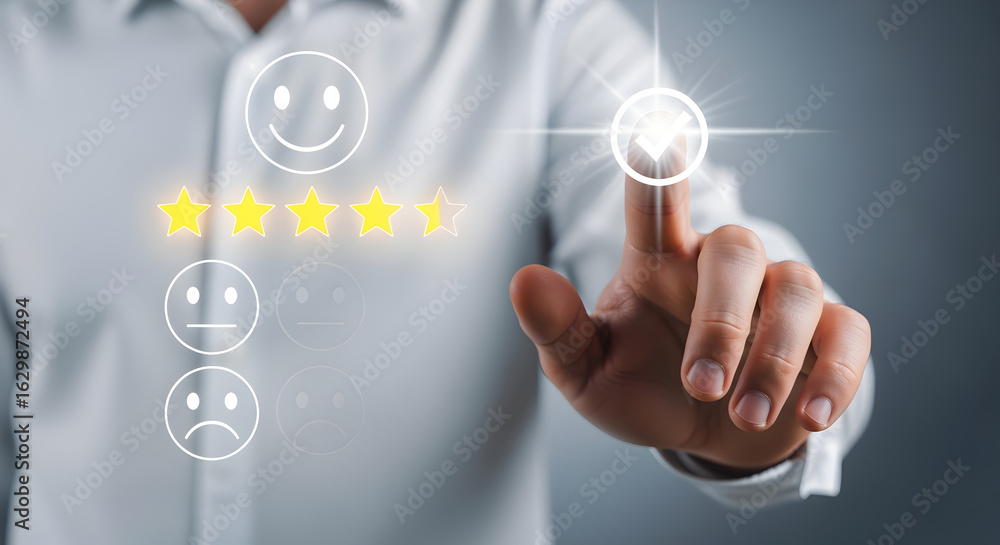 Aufkleber man points to glowing satisfaction rating with smiley faces and stars on virtual interface against g