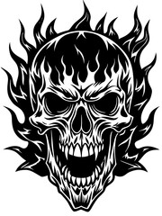 Flaming skull with burning fire isolated on white background