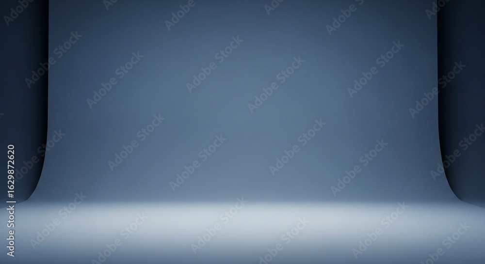 Poster empty bluegray studio photography background with a seamless curve and soft lighting, offering a cle