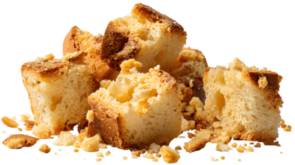 Crumbled dry bread rusks with crumbs, isolated on white