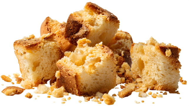 Crumbled dry bread rusks with crumbs, isolated on white