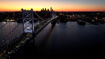Sunset Ben Franklin Bridge In Philadelphia Pennsylvania United States. Stunning Landscape Of Highway Road Viewed From Above. Building Landscape Skyscrapers Stunning. Industry Urban Corporate.