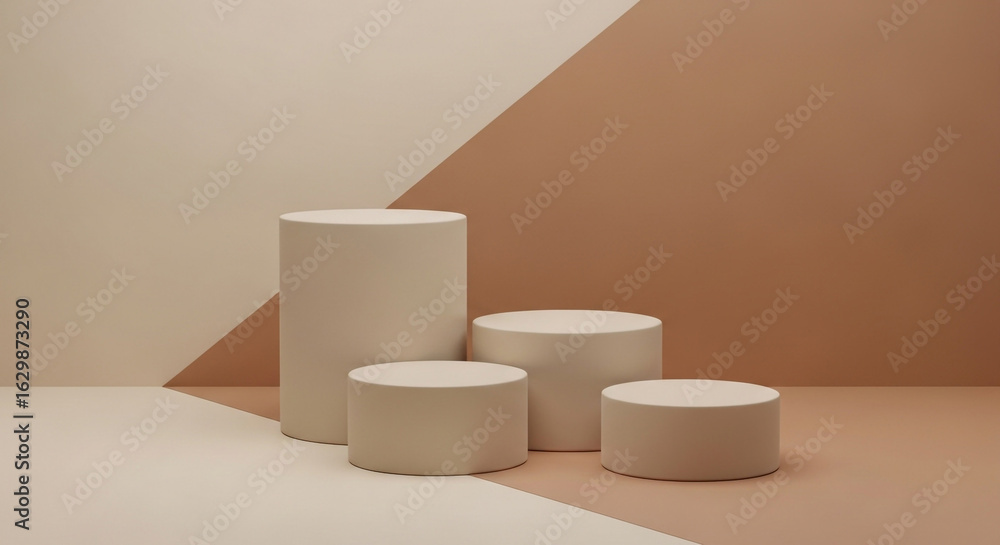 Poster a minimalist composition of beige cylinders of various heights arranged on a neutral background, cre