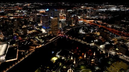 Downtown Tampa In Tampa Florida United States. Birds Eye View Of Stunning Cityscape With Streets And Buildings. Night Freeway Road Downtown Cityscape. Night Up Above. Night Cities Of The World.