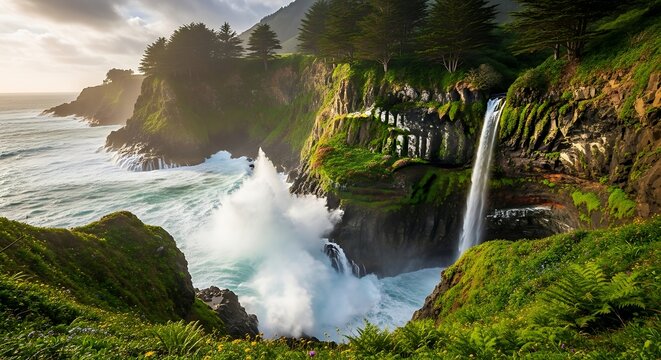 Spectacular coastal waterfall cascading into the ocean with lush green vegetation and cliffside