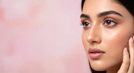 Fototapeta premium Side profile of a beautiful young woman with glowing skin and soft makeup, touching her face gently, highlighting natural beauty and skincare