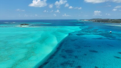 Blue Bay Water In San Andres Caribbean Island Colombia. Breathtaking Aerial View Of Caribbean Landscape. Island Life Landscape Peaceful Beautiful. Island Life Watercolor Coast.